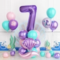 Close-up of mermaid 7th birthday decor with purple shell and printed latex balloons - Number 7