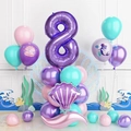 Detail of mermaid 8th birthday decor with purple shell balloon and mermaid tail foil - Number 8