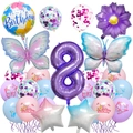 Détail du set de ballons d'anniversaire papillon avec chiffre 8 violet et aluminium - Set Papillon 8ème Anniversaire