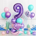 Detail of mermaid 9th birthday decor with purple shell balloon and mermaid silhouette - Number 9