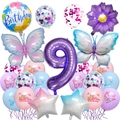 Kit ballons 9e anniversaire thème papillon avec chiffre 9 violet et décors colorés - Set Papillon 9ème Anniversaire