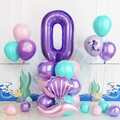 Mermaid birthday balloon set featuring a large purple number 0 and shell balloons - Mermaid Column Decoration 0