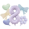 Vista de cerca del globo número 8 morado retro y decoraciones de margaritas de fiesta - Tema Digital 8 (Kit de Margarita de Corazón Púrpura Retro 8)