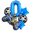 Racing motorcycle balloon kit with blue number 0, tire shapes, and biker foil balloons - Number 0 / Blue