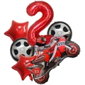 6-teiliges Rennwagen-Folienballon-Set zum 2. Geburtstag mit roter Nummer 2 - Motorrad Nummer 2 (Roter Stil) / Rot