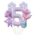 Détail du set ballons sirène 5 ans avec coquillages violets et ballons en forme de queue - Thème 5ème Anniversaire
