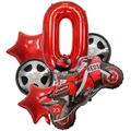 Racing car birthday balloon set featuring red number 0, motorcycle, star and tire shapes - Number 0 / Red