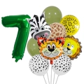 Kit 7ème anniversaire jungle avec chiffre 7 vert, ballons animaux et ballons en latex à motifs - Ensemble Thème Numéro 7
