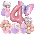 Detail of butterfly birthday balloon set with pink number 4 and floral foil decorations - Butterfly Balloon Set (Number Four)