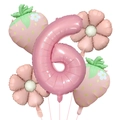 Détail du set de 5 ballons fraise avec chiffre 6 et marguerites pour anniversaire - Nombre 6