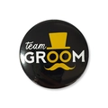 58mm Team Groom black tinplate badge with yellow top hat and mustache for bachelor party - Team Groom Style - Top Hat Mustache Design