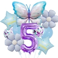 Detailed flat lay of 10pc ice blue butterfly and number 5 foil balloon party set - 5th Birthday Theme (Ice Blue Butterfly Balloon Bouquet 5)