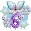 Close-up of butterfly and star foil balloons in blue and purple birthday set - 6th Birthday Theme (Ice Blue Butterfly Balloon Bouquet 6)