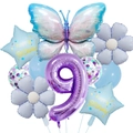 Detailed 9th birthday balloon set with butterfly, star, and flower foil decorations - 9th Birthday Theme (Ice Blue Butterfly Balloon Bouquet)