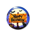 Detailed macro view of 58mm tinplate Halloween badge with glossy finish and spooky graphics - 58mm / Black Cat Wood Sign Style