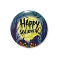 Macro detail of 58mm Happy Halloween tinplate badge with pumpkin and bat design - 58mm / Pumpkin Dead Tree Moon Style