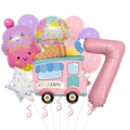 Detail view of pink number 7 balloon and ice cream truck foil balloons for party decoration - Ice Cream Truck Balloon Set 7