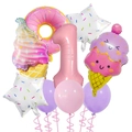 Detail of pink donut and ice cream foil balloons for 1st birthday party decoration set - Dessert Balloon Bundle - Number 1