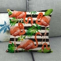 Linen pillowcase with flamingo and tropical leaves on black and white stripes - B&W Stripe Orange Flamingo