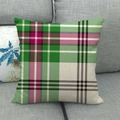 Square linen-style pillowcase with green and pink plaid pattern on a grey sofa - Grass Green Rose Pink Plaid Style (5)