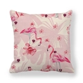 Detailed macro view of linen pillowcase with pink flamingo and floral pattern - Floral Green Leaf Flamingo Art Style (10) / 18x18 Inch