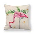 Detailed texture of linen cushion cover with pink flamingo and tropical palm leaves - Vacation Frangipani Flamingo Style (13) / 18x18 Inch