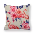 Detail of flamingo and rose pattern on textured beige linen blend cushion cover - Dark Blue Leaf Flamingo Rose Style (16) / 18x18 Inch