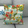 Linen cushion cover with tropical parrot and floral print on blue striped background - Blue White Stripe Tropical Parrot