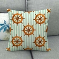 Detail of nautical linen pillow cover featuring brown ship wheel print on blue stripes - 18x18 Inch / Retro Steering Wheel and Blue White Stripes (5)