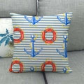 Detail of nautical linen pillowcase texture with blue anchor and lifebuoy print - 18x18 Inch / Anchor Lifebuoy and Horizontal Stripes (6)