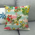 Tropical flamingo linen pillow cover with lemon and floral pattern on striped base - Teal Stripe Natural Fruit