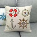 Detail of linen pillowcase with nautical print featuring anchor and helm on gray sofa - 18x18 Inch / Colorful Marine Four Elements Combo (12)