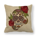 Linen pillowcase featuring a Mexican sugar skull design with red roses and floral patterns - Mexican Sugar Skull Style (8)