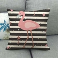 Linen flamingo throw pillow cover with pink bird pattern on black and white stripes - B&W Stripe Pink Flamingo