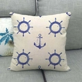 Nautical style pillow cover with blue anchor and helm on cream linen, sofa setting - 18x18 Inch / Steering Wheel and Anchor Pattern (1)