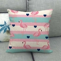 Linen flamingo pillow cover with pink stripes and blue hearts on a sofa - Pink Blue Stripe Heart Flamingo