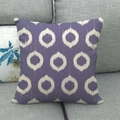Square geometric linen pillow cover with purple tie-dye pattern on grey sofa - Purple Gray Beige Ikat Circle (7)