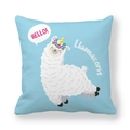 Detail of light blue peach skin pillowcase with cute white llamacorn and hello text - 18x18 Inch / Hello Llamacorn (5)