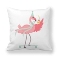 Close-up detail of cartoon flamingo print on white peach skin fabric cushion cover - 45x45cm / Flamingo 5 Skateboarding (5)
