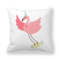 Detailed view of cartoon flamingo with party hat and candy on a white peach skin pillowcase - 45x45cm / Flamingo 6 Catching Candy (6)