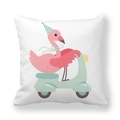 Detail of pink flamingo riding a scooter print on a white peach skin pillowcase - 45x45cm / Flamingo 10 Riding Scooter (10)