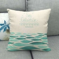 Linen-style square cushion cover in beige with sea collection green leaf print - Teal Ocean Plant Style (14)