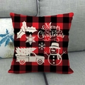 Kissenbezug aus Leinen mit rot-schwarzem Karomuster, Schneemann und LKW-Motiv für Weihnachten - Weihnachtslastwagen und Schneemann Stil (2) / 45x45cm
