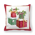 Christmas cushion cover with red gift boxes and holly on white peach skin fabric - Red Border Christmas Gifts Style (28)
