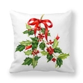 Detail of Christmas pillowcase with holly branch berry and red bow on white fabric - Red Ribbon Holly Branch Style (29)