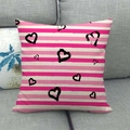Pink and white striped linen pillowcase with black hand-drawn heart patterns on a sofa - Pink White Horizontal Striped Black Hand Drawn Heart Style (16)
