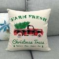 Housse de coussin Noël avec camion à carreaux rouges et sapin sur lin beige - 45x45cm / Style Camion et Liste d'Arbres Farm Fresh