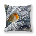 Detailed close-up of a festive Robin bird on frosty pine branches on a square pillowcase - Realistic Robin on Pine Style (16)