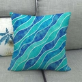 Minimalist square linen pillowcase with blue abstract wave watercolor patterns on a sofa - Blue Watercolor Smudge Wave Pattern (19)