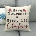 Housse de coussin de Noël en lin avec flocons de neige à carreaux et message de fête - 45x45cm / Style Texte Flocon de Neige Merry Little Christmas